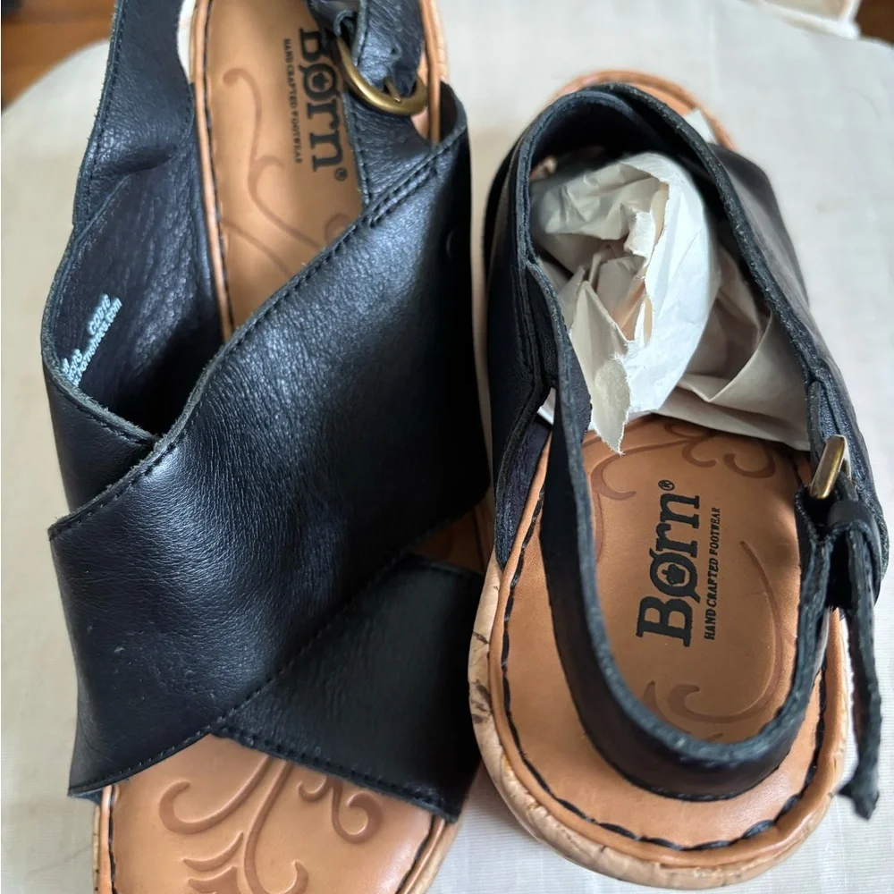 Born Black Leather Cork Wedge Sandals